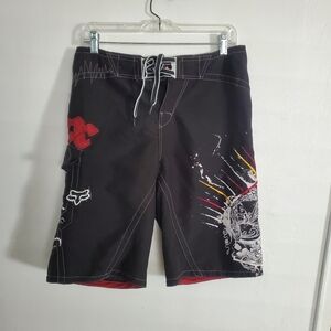 Fox Board Shorts- Deluxe Boardies Surf Swim Trunks Black Y2k 90s  Style  Mens 30